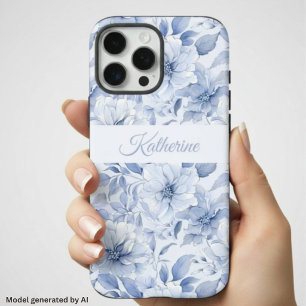 Coque iPhone 16 Pro Max Nom de motif floral aquarelle bleu moderne