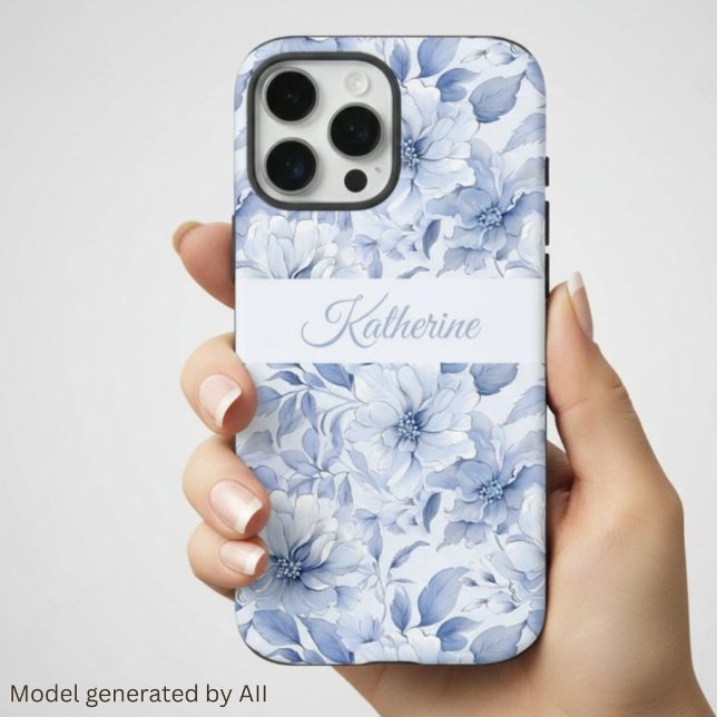Coques Case-Mate iPhone Nom de motif floral aquarelle bleu moderne (Créateur téléchargé)