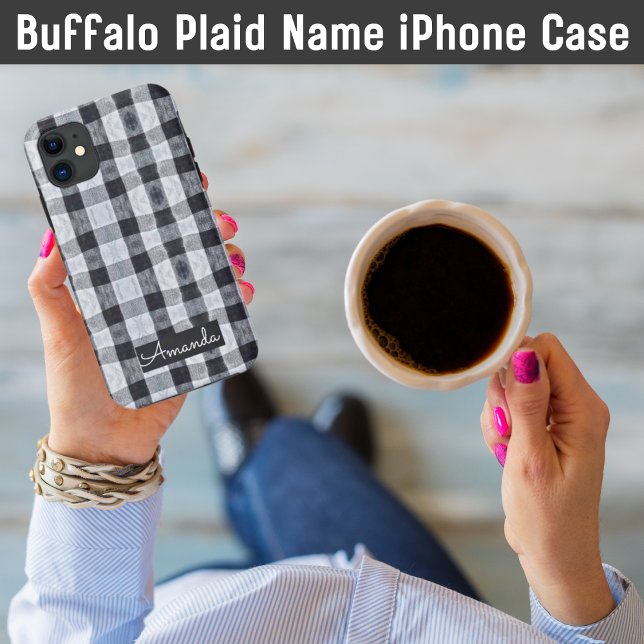 Coques Case-Mate iPhone nom de plaid de buffle noir et blanc (Add Your Name)