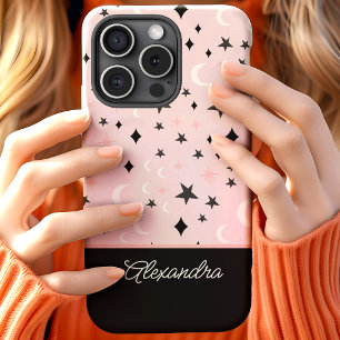 Coque Case-Mate iPhone Nom de script Céleste Lune Étoiles Rose et Noir