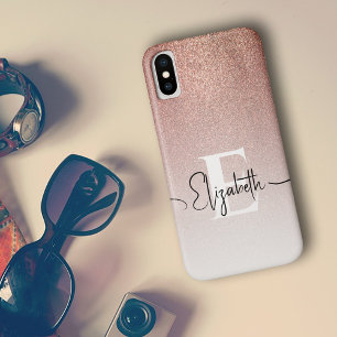 Coque Case-Mate iPhone Nom de script de monogramme pailleté or rose tenda