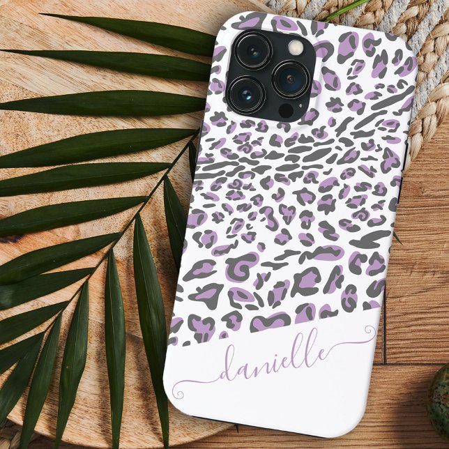 Coques Case-Mate iPhone Nom de script élégant lilas gris imprimé léopard (Créateur téléchargé)