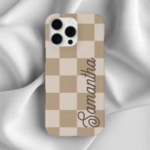 Coque iPhone 16 Pro Max Nom de script Taupe Beige Checkers