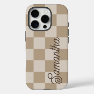 Coque iPhone 16 Pro Nom de script Taupe Beige Checkers