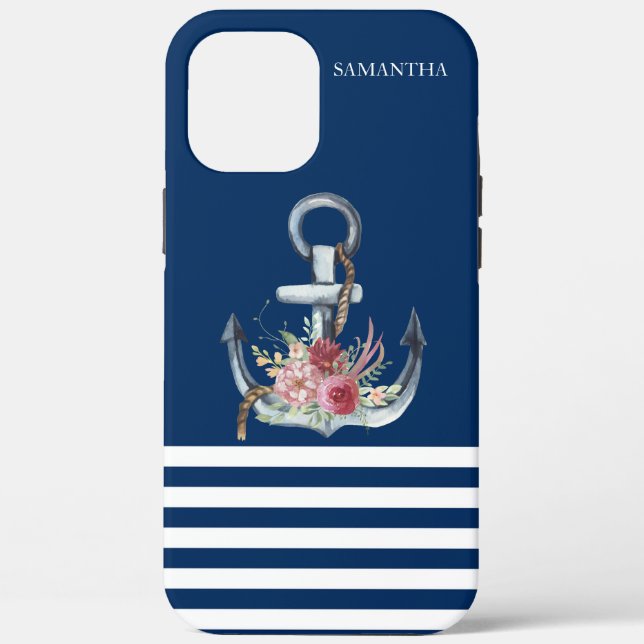 Coques Case-Mate iPhone Nom du bateau, fleurs d'ancre bleu marine rayé (Verso)