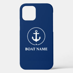 Coque iPhone 12 Nom du bateau nautique Ancre corde bleu marine