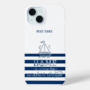 Coque Case-Mate iPhone Nom du bateau nautique, Ancre Marine Bleu rayé