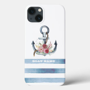 Case-Mate iPhone Case Nom du bateau nautique, Fleurs d'Ancres rayures