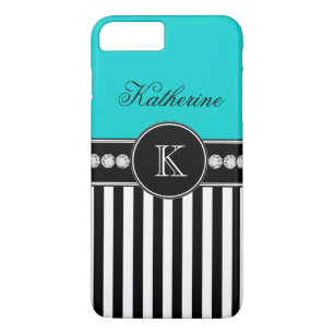 Coque iPhone 7 Plus Nom du monogramme Aqua Black Stried Motif