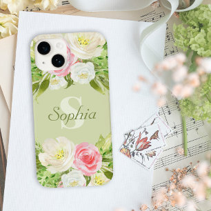 Coque Case-Mate iPhone Nom du monogramme Aquarelle rose verte Florale