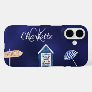 Coque Pour iPhone 16 Nom du monogramme bleu de la fête de plage