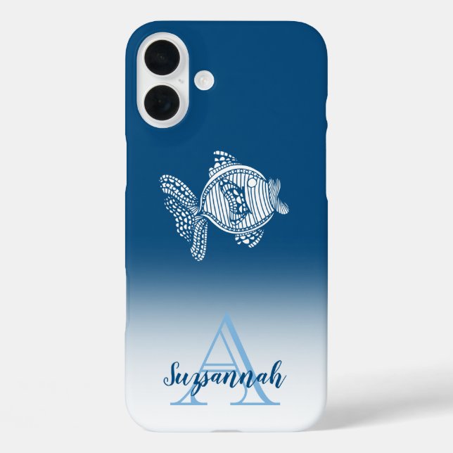 Coques Case-Mate iPhone Nom du monogramme Blue Ombre White Fish Outline (Verso)