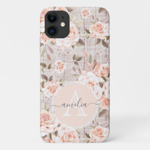 Case-Mate iPhone Case Nom du monogramme Bois rustique et Roses Vintages 