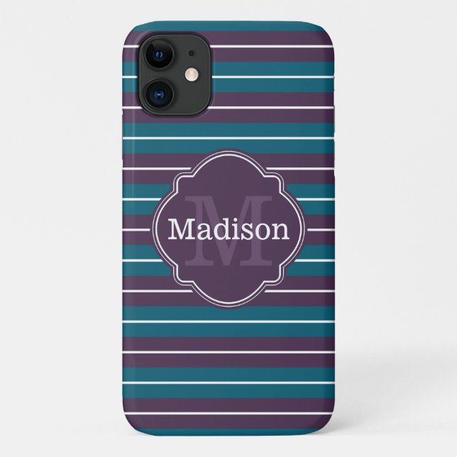 Coques Case-Mate iPhone Nom du monogramme du Motif Turquoise de bande viol (Dos)