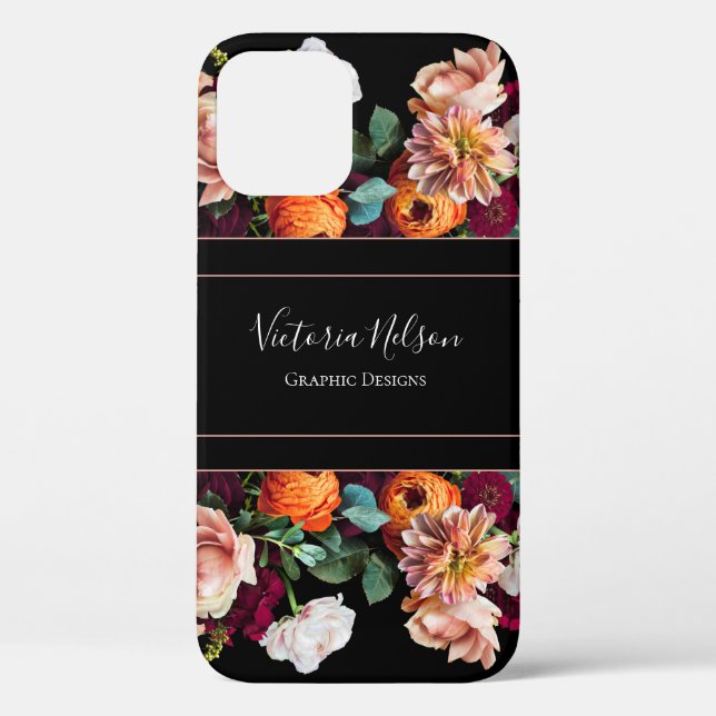 Coques Case-Mate iPhone Nom du monogramme Élégant Floral Rustique Noir (Verso)