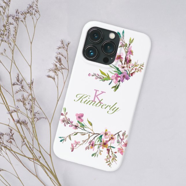 Coques Case-Mate iPhone Nom du monogramme floral de fleurs de cerisier ros (Créateur téléchargé)