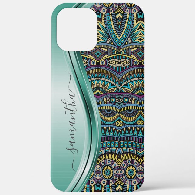 Coques Case-Mate iPhone Nom du monogramme Motif Turquoise tribal (Verso)