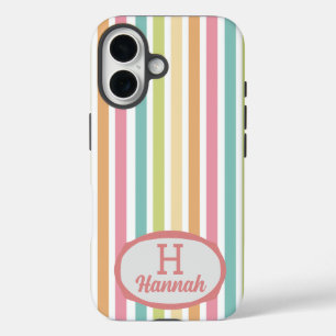 Coque Pour iPhone 16 Nom du monogramme personnalisé Bandes pastel gaies