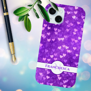 Coque Case-Mate iPhone Nom du monogramme personnalisé Purple Heart Bokeh