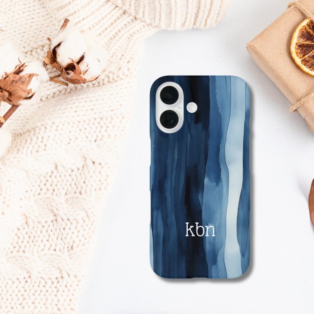 Coques Case-Mate iPhone Nom du monogramme Première bande d'aquarelle bleu  (Blue white striped watercolor monogrammed name or initials iPhone case. iPhone 16 15 14 13 12 case)