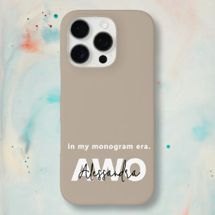 Coque iPhone 16 Pro Nom du monogramme Taupe Tan Beige Blanc Noir Minim
