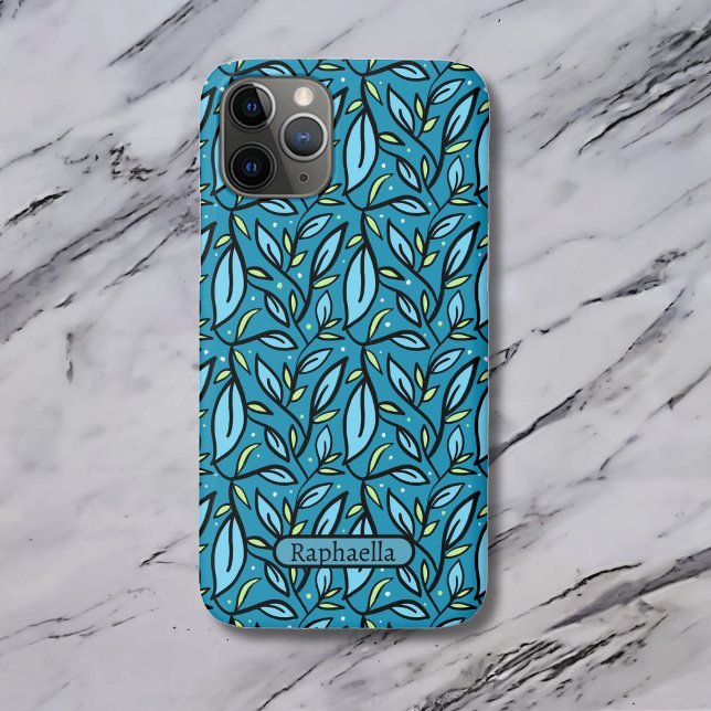 Coques Case-Mate iPhone Nom du Motif Feuille bleu Texte bilingue (Blue leaves custom iPhone case name & bilingual text, Spanish. "Multilingual Project")