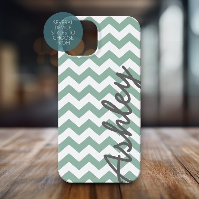 Coques Case-Mate iPhone Nom du script Motif Chevron tendance - gris menthe (Personalized Phone Case with Chevrons and Custom Name)