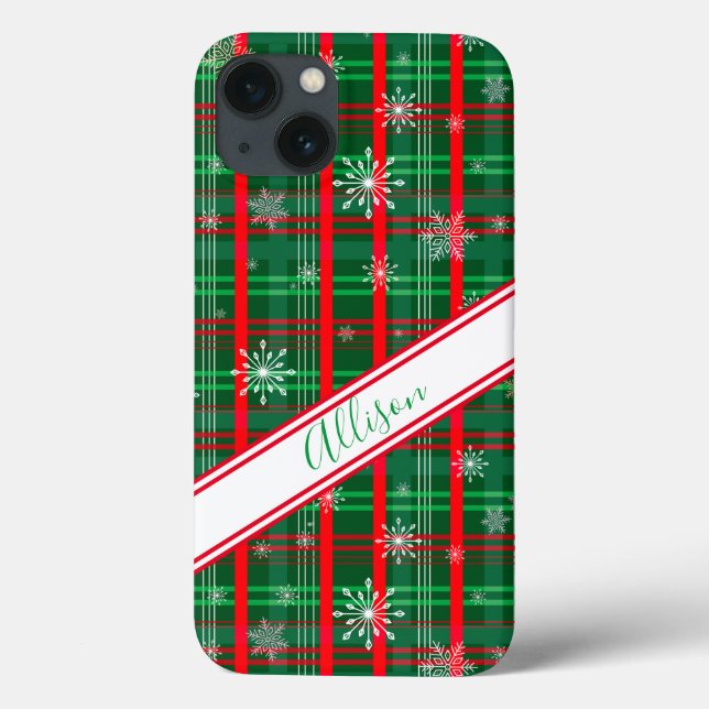 Coques Case-Mate iPhone Nom du script personnalisé de Noël vert plaid (Verso)
