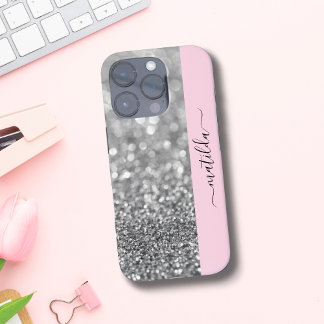 Coque iPhone 16 Pro Nom ÉDITABLE Parties scintillant Bokeh argent & bé