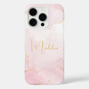 Coque iPhone 16 Pro Nom élégant en écriture dorée sur marbre rose