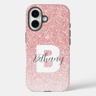 Coque Pour iPhone 16 Nom en écriture monogramme avec paillettes rose gi