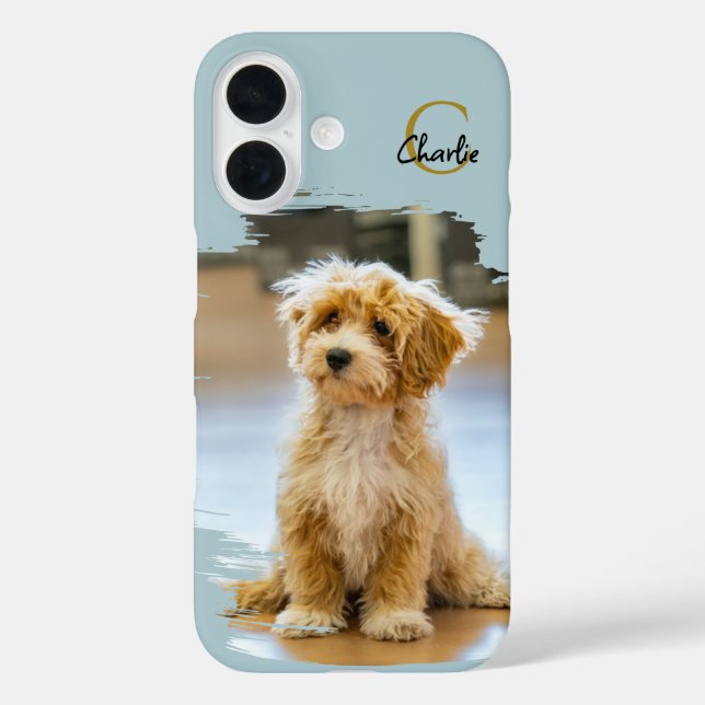 Coques Case-Mate iPhone Nom en monogramme Photo de chien Pastel Bleu Minim (Verso)