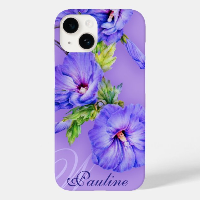 Coques Case-Mate iPhone Nom et hibiscus initial bleu violet (Verso)