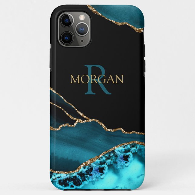 Coques Case-Mate iPhone Nom et monogramme Agate sarcelle et noir, texte sa (Dos)