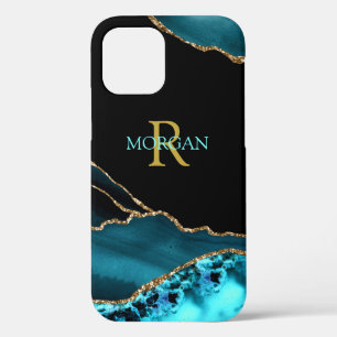 Case-Mate iPhone Case Nom et monogramme, Agate sarcelle/noir, Texte or/s
