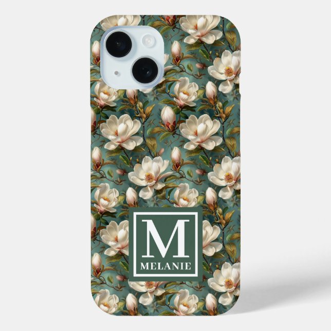 Coques Case-Mate iPhone Nom et monogramme du modèle de fleur de Magnolia (Verso)