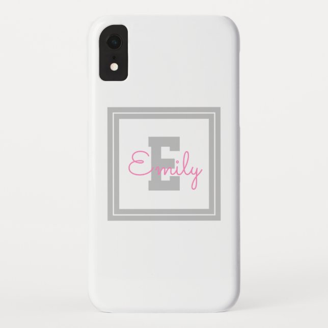 Coques Case-Mate iPhone Nom et monogramme encadrés | Gris clair et rose (Dos)