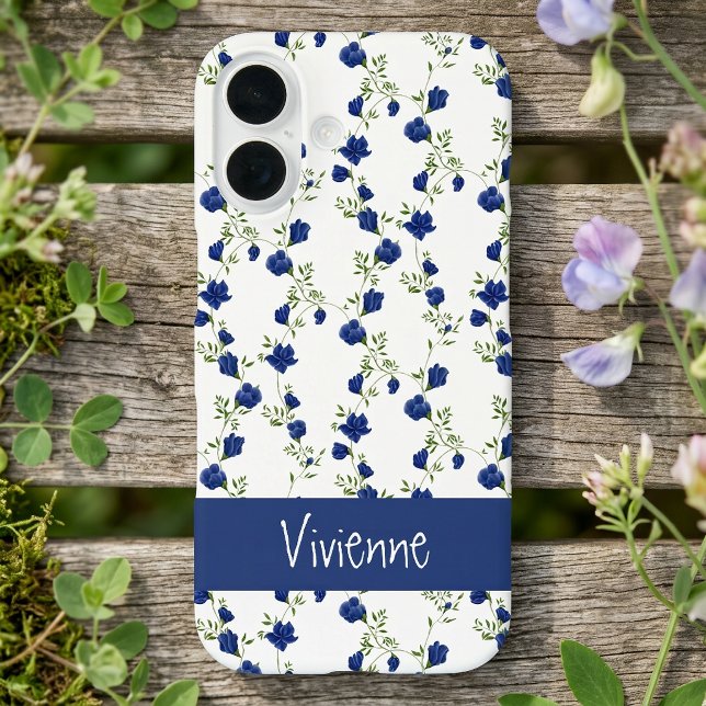 Coques Case-Mate iPhone Nom Fleur Sauvage Aquarelle Bleu Cobalt Vert (Cobalt Blue Green Watercolor Wildflower Name iPhone 16 Case)