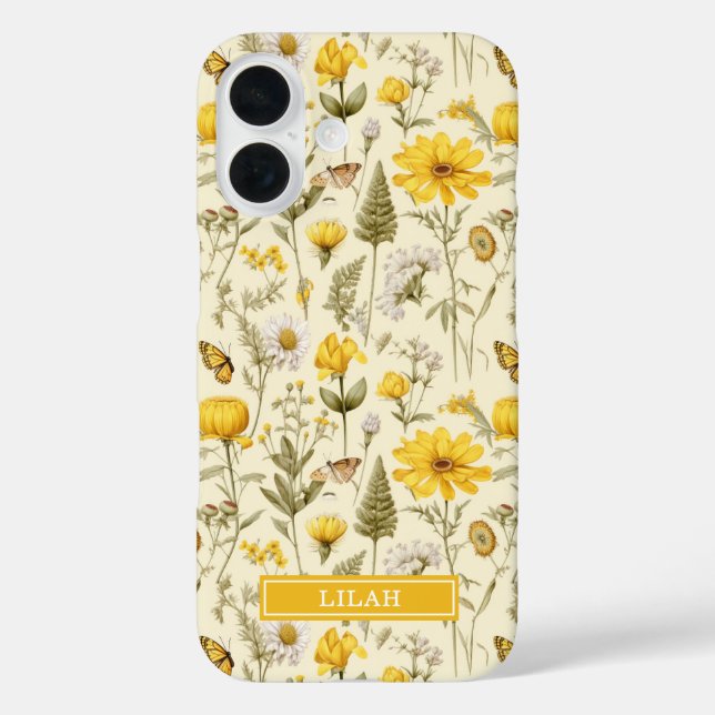 Coques Case-Mate iPhone Nom floral aquarelle botanique jaune (Verso)