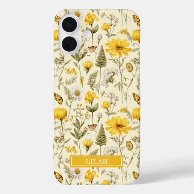 Coques Case-Mate iPhone Nom floral aquarelle botanique jaune (Verso)