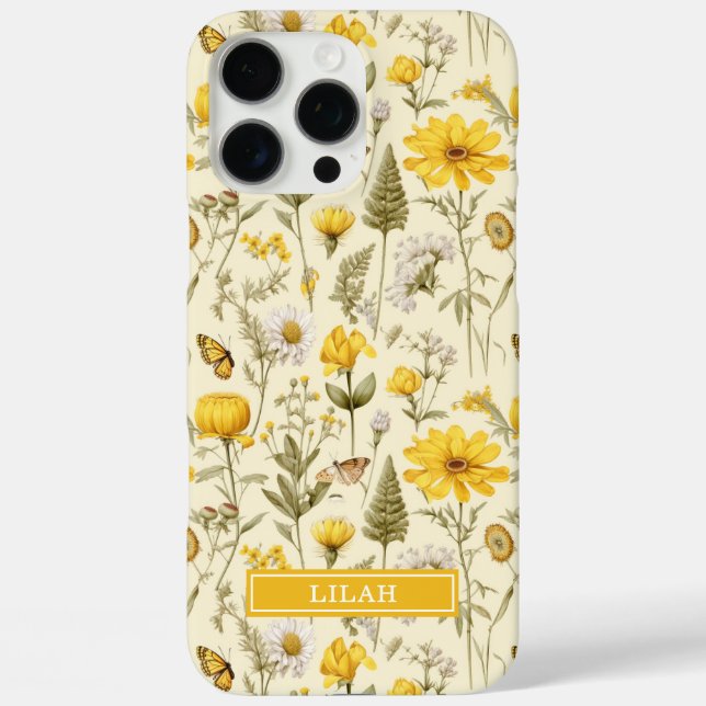 Coques Case-Mate iPhone Nom floral aquarelle botanique jaune (Verso)