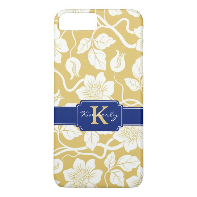 Coques Case-Mate iPhone Nom floral jaune et bleu / initiale (Dos)