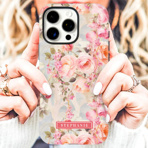 Coque iPhone 16 Pro Max Nom floral romantique pêche et rose