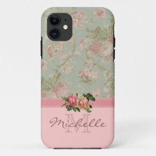 Coque iPhone 11 Nom floral rose et vert vintage élégant de