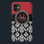 Coque Case-Mate iPhone Nom initial rouge de damassé noire<br><div class="desc">Damassé noire,  initiale rouge de monogramme. Conception d'Elke Clarke ©2011. Entièrement personnalisable. Personnalisez avec votre nom,  initiale de monogramme.</div>