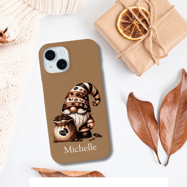 Coques Case-Mate iPhone Nom initiales de monogramme Gnome de café Brun Bla (Coffee Gnome Personalized Phone Case)
