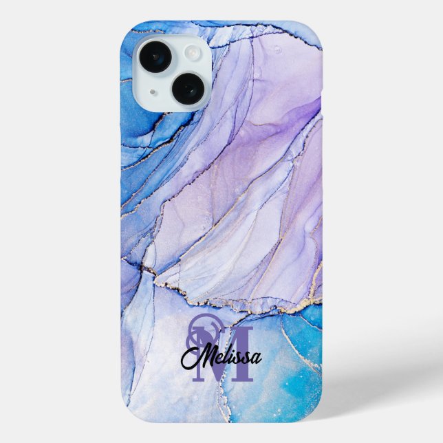 Coques Case-Mate iPhone Nom marbré bleu et violet moderne (Verso)