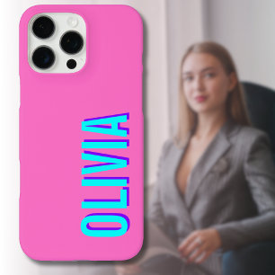 Coque iPhone 16 Pro Max Nom moderne Neon Blue 3D   Cool tendance rose