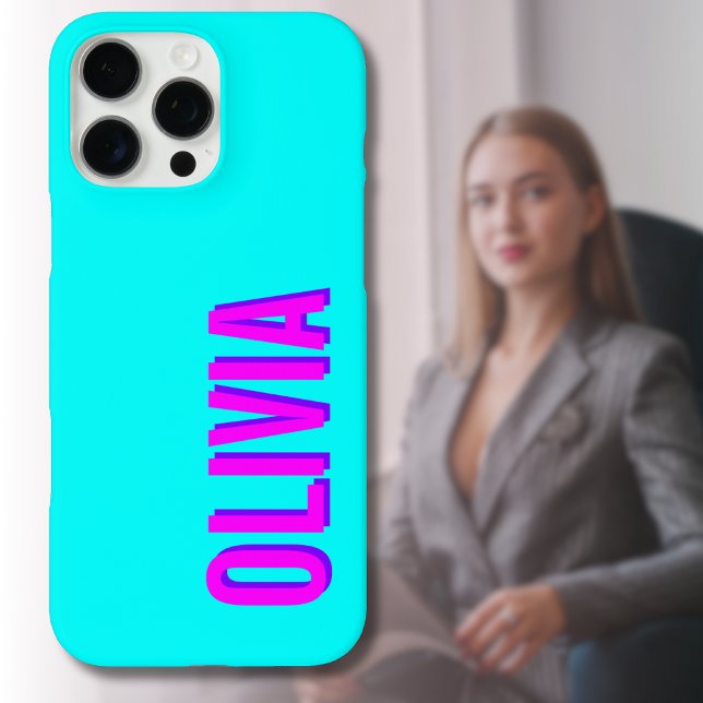 Coques Case-Mate iPhone Nom moderne Neon Hot Pink 3D | Bleu Cool tendance (Créateur téléchargé)