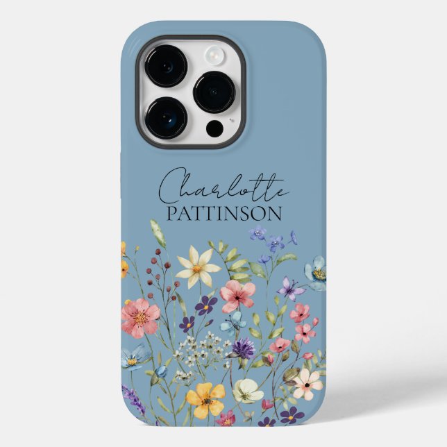 Coques Case-Mate iPhone Nom Monogram Botanique Fleur sauvage Dusty Blue (Verso)
